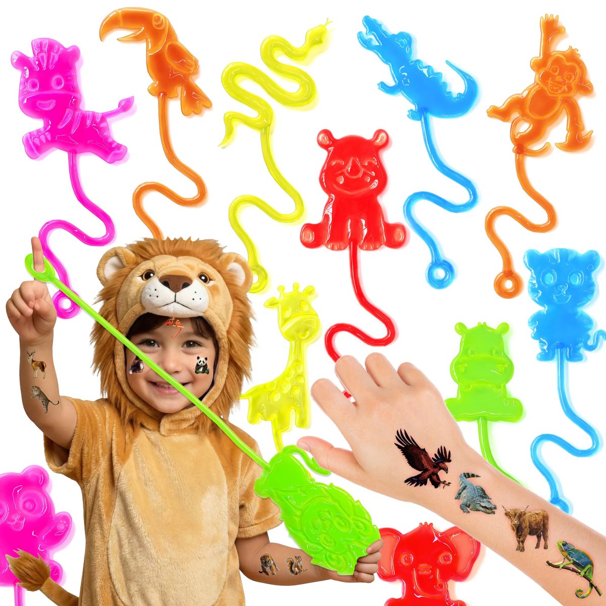48-Piece Animal Jungle Party Favors: 24 Temporary Tattoos & 24 Sticky Hands – Perfect for Birthday Party Supplies, Goodie Bag Stuffers, Classroom Prizes - görsel 1