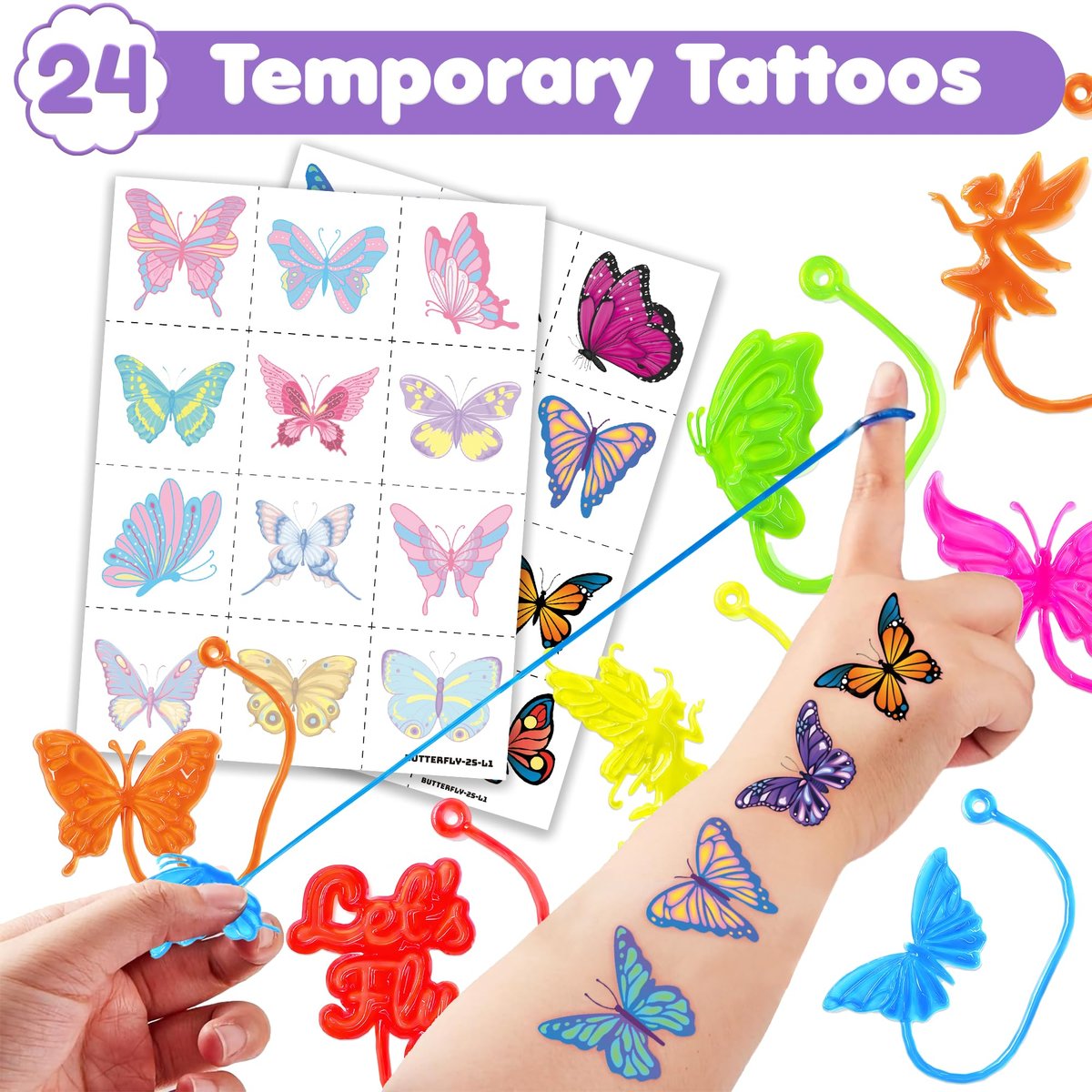 48-Piece Butterfly Party Favors: 24 Temporary Tattoos & 24 Sticky Hands – Birthday Supplies, Goodie Bag Stuffers, Classroom Prizes, Student Gifts - görsel 3