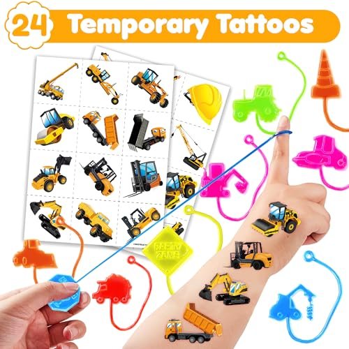 48-Piece Construction Party Favors: Temporary Tattoos & Sticky Hands for Kids Birthday Supplies, Goodie Bag Stuffers, Classroom Prizes - görsel 4