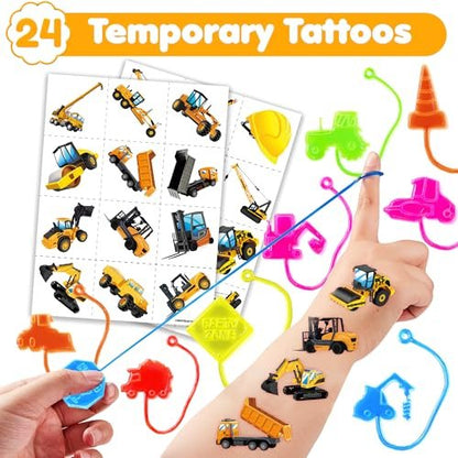 48-Piece Construction Party Favors: Temporary Tattoos & Sticky Hands for Kids Birthday Supplies, Goodie Bag Stuffers, Classroom Prizes