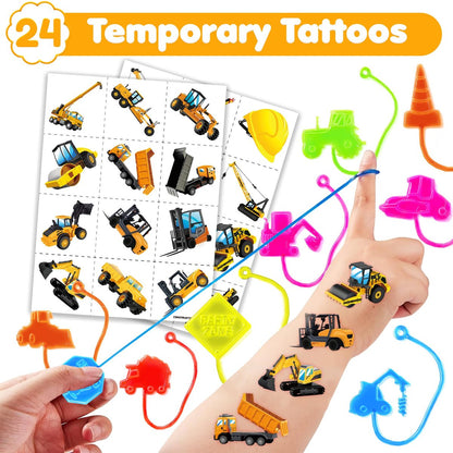 48-Piece Construction Party Favors: Temporary Tattoos & Sticky Hands for Kids Birthday Supplies, Goodie Bag Stuffers, Classroom Prizes