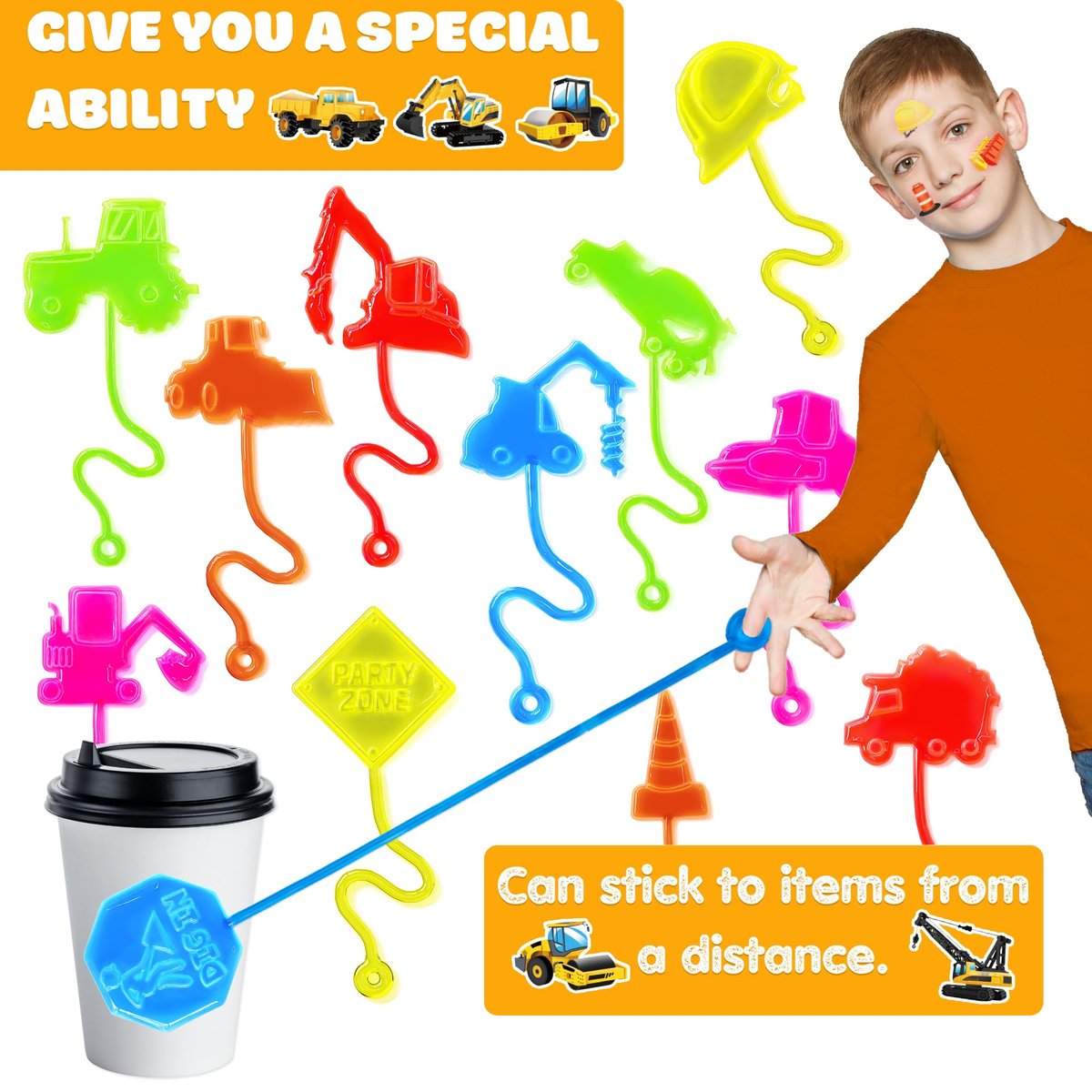 48-Piece Construction Party Favors: Temporary Tattoos & Sticky Hands for Kids Birthday Supplies, Goodie Bag Stuffers, Classroom Prizes - görsel 9