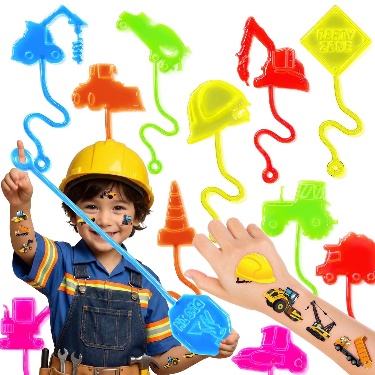48-Piece Construction Party Favors: Temporary Tattoos & Sticky Hands for Kids Birthday Supplies, Goodie Bag Stuffers, Classroom Prizes - görsel 1