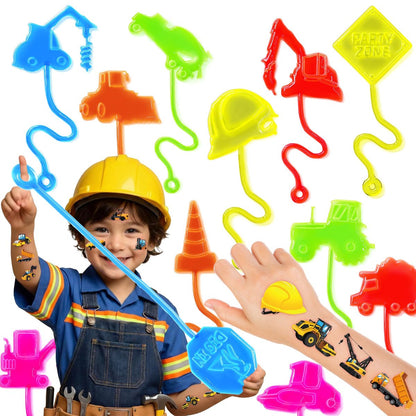 48-Piece Construction Party Favors: Temporary Tattoos & Sticky Hands for Kids Birthday Supplies, Goodie Bag Stuffers, Classroom Prizes