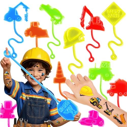 48-Piece Construction Party Favors: Temporary Tattoos & Sticky Hands for Kids Birthday Supplies, Goodie Bag Stuffers, Classroom Prizes - görsel 2
