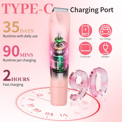 Beanify 2-in-1 Painless Women's Electric Razor & Bikini Trimmer with LED Display, Waterproof Wet/Dry Rechargeable Electric Shaver with Dual-Head for Ladies Pubic, Bikini, Underarm, Leg, Arm, Body, Face - Pink Rose