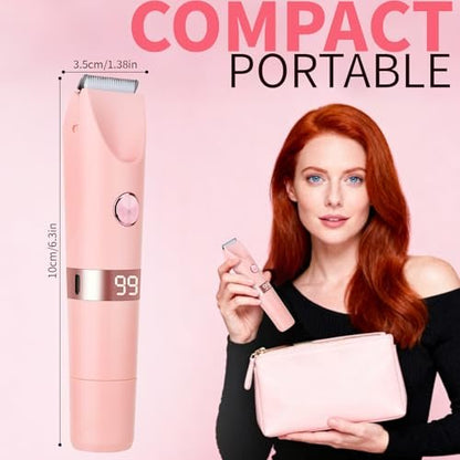 Beanify 2-in-1 Painless Women's Electric Razor & Bikini Trimmer with LED Display, Waterproof Wet/Dry Rechargeable Electric Shaver with Dual-Head for Ladies Pubic, Bikini, Underarm, Leg, Arm, Body, Face - Pink Rose