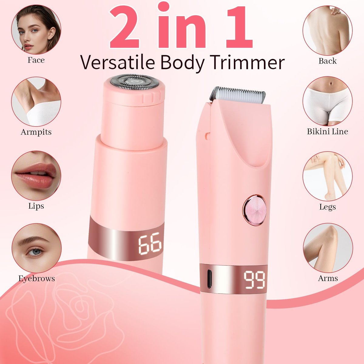 Beanify 2-in-1 Painless Women's Electric Razor & Bikini Trimmer with LED Display, Waterproof Wet/Dry Rechargeable Electric Shaver with Dual-Head for Ladies Pubic, Bikini, Underarm, Leg, Arm, Body, Face - Pink Rose - görsel 3