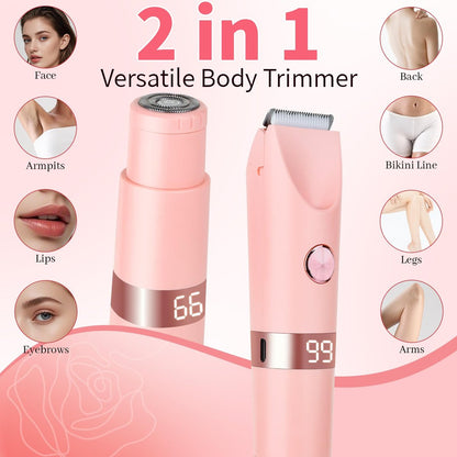 Beanify 2-in-1 Painless Women's Electric Razor & Bikini Trimmer with LED Display, Waterproof Wet/Dry Rechargeable Electric Shaver with Dual-Head for Ladies Pubic, Bikini, Underarm, Leg, Arm, Body, Face - Pink Rose