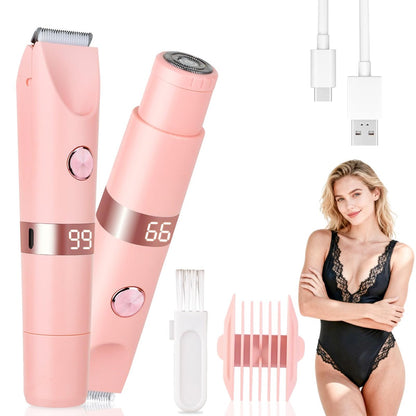Beanify 2-in-1 Painless Women's Electric Razor & Bikini Trimmer with LED Display, Waterproof Wet/Dry Rechargeable Electric Shaver with Dual-Head for Ladies Pubic, Bikini, Underarm, Leg, Arm, Body, Face - Pink Rose