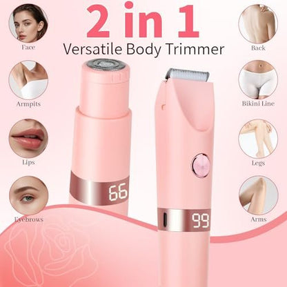 Beanify 2-in-1 Painless Women's Electric Razor & Bikini Trimmer with LED Display, Waterproof Wet/Dry Rechargeable Electric Shaver with Dual-Head for Ladies Pubic, Bikini, Underarm, Leg, Arm, Body, Face - Pink Rose