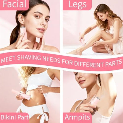 Beanify 2-in-1 Painless Women's Electric Razor & Bikini Trimmer with LED Display, Waterproof Wet/Dry Rechargeable Electric Shaver with Dual-Head for Ladies Pubic, Bikini, Underarm, Leg, Arm, Body, Face - Pink Rose