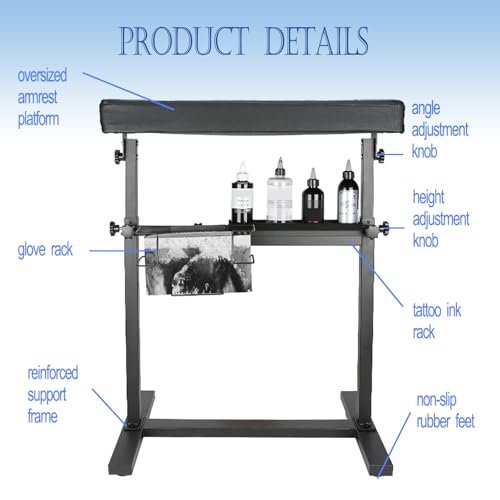Gakonp XXL Tattoo Armrest Stand - Height & Tilt Adjustable Oversized Tattoo Arm Rest with Ink Rack & Glove Rack for Artist Beauty Table - görsel 10