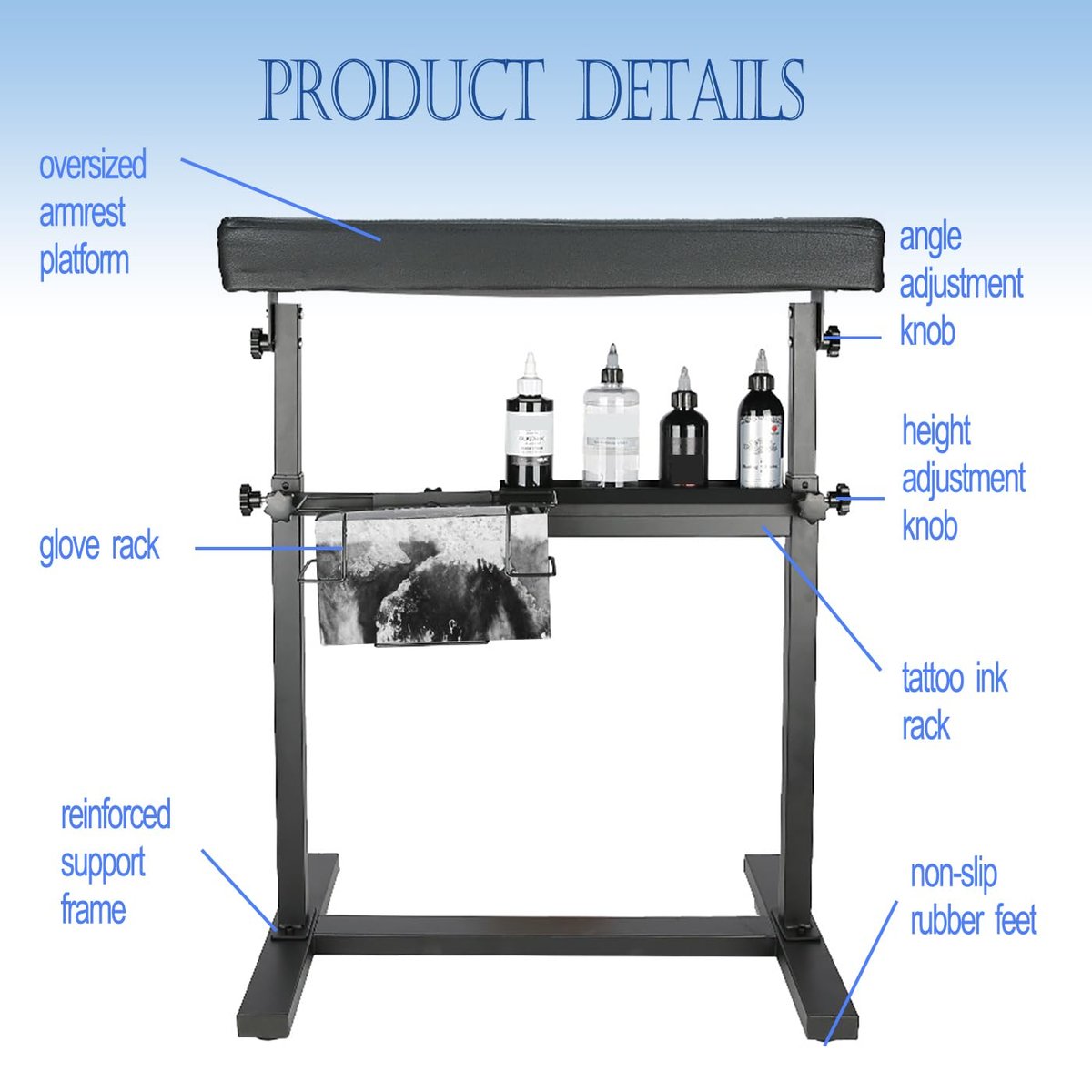 Gakonp XXL Tattoo Armrest Stand - Height & Tilt Adjustable Oversized Tattoo Arm Rest with Ink Rack & Glove Rack for Artist Beauty Table - görsel 9