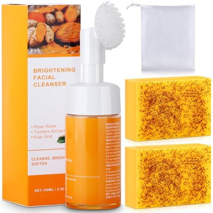 Wuzhenfa Kojic Acid Soap Set with Lemon Turmeric Bar & Facial Cleansing Mousse – Deep Cleansing for All Skin Types (3-Pack)