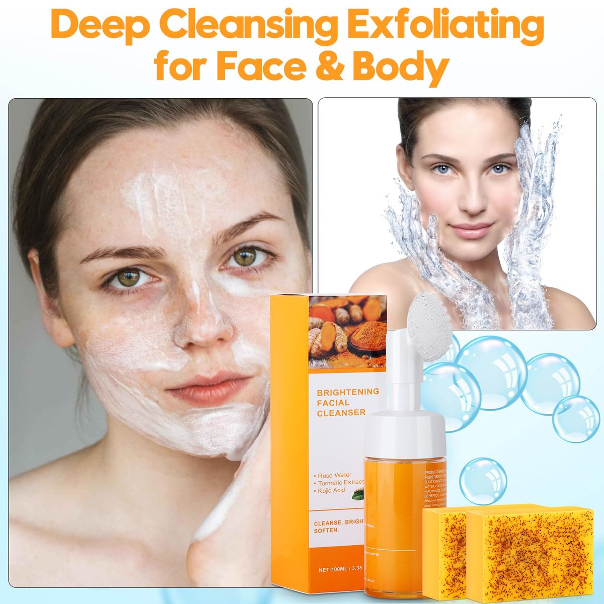 Wuzhenfa Kojic Acid Soap Set with Lemon Turmeric Bar & Facial Cleansing Mousse – Deep Cleansing for All Skin Types (3-Pack) - görsel 5