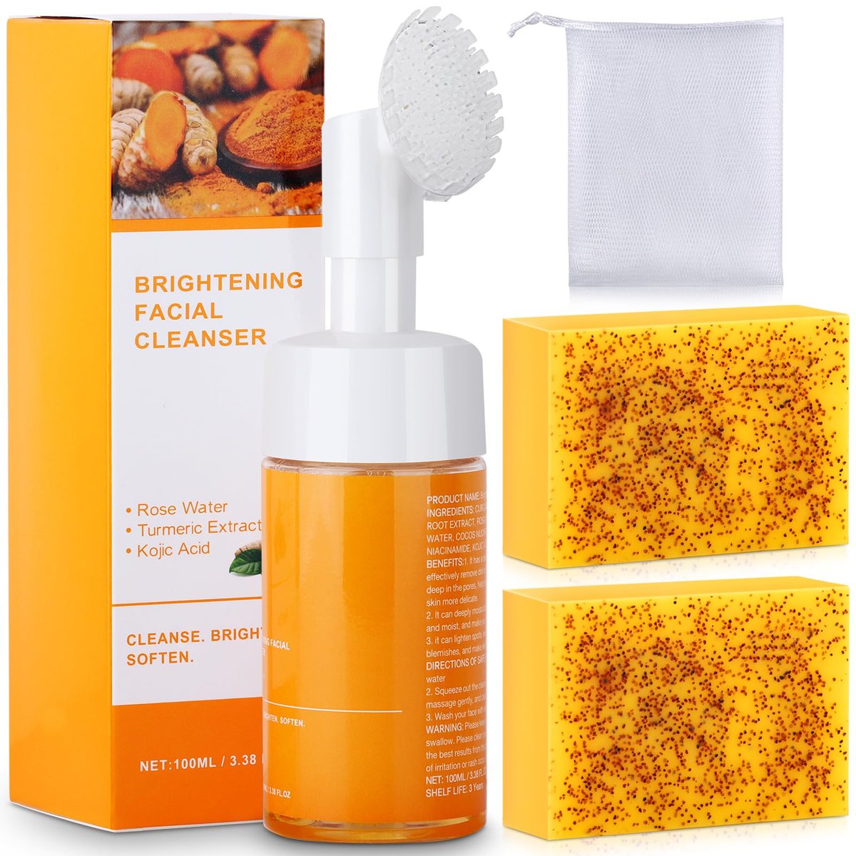 Wuzhenfa Kojic Acid Soap Set with Lemon Turmeric Bar & Facial Cleansing Mousse – Deep Cleansing for All Skin Types (3-Pack) - görsel 1