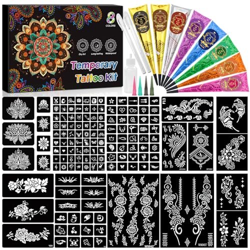 8PCS 8 Colors Tattoo Cones Temporary Tattoos Kit with 2 Draft Practice Pen & 14 Sheet 135 Stencil Designs - DIY Body Painting Art for Beginners & Pros, Tattoo Gifts Set for Valentine Party Holiday Avelisse