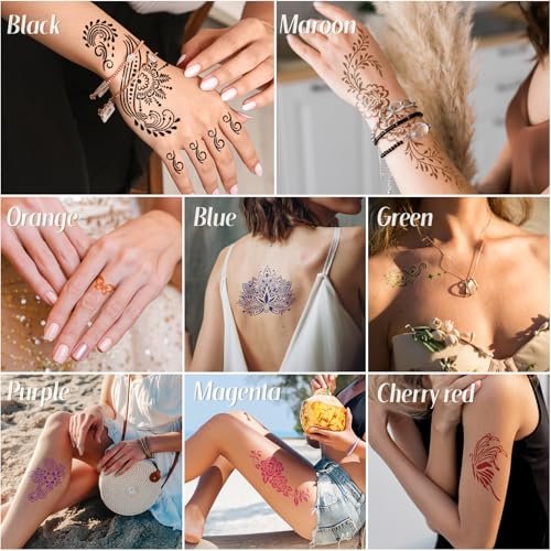 8PCS 8 Colors Tattoo Cones Temporary Tattoos Kit with 2 Draft Practice Pen & 14 Sheet 135 Stencil Designs - DIY Body Painting Art for Beginners & Pros, Tattoo Gifts Set for Valentine Party Holiday Avelisse