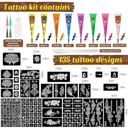 8PCS 8 Colors Tattoo Cones Temporary Tattoos Kit with 2 Draft Practice Pen & 14 Sheet 135 Stencil Designs - DIY Body Painting Art for Beginners & Pros, Tattoo Gifts Set for Valentine Party Holiday Avelisse
