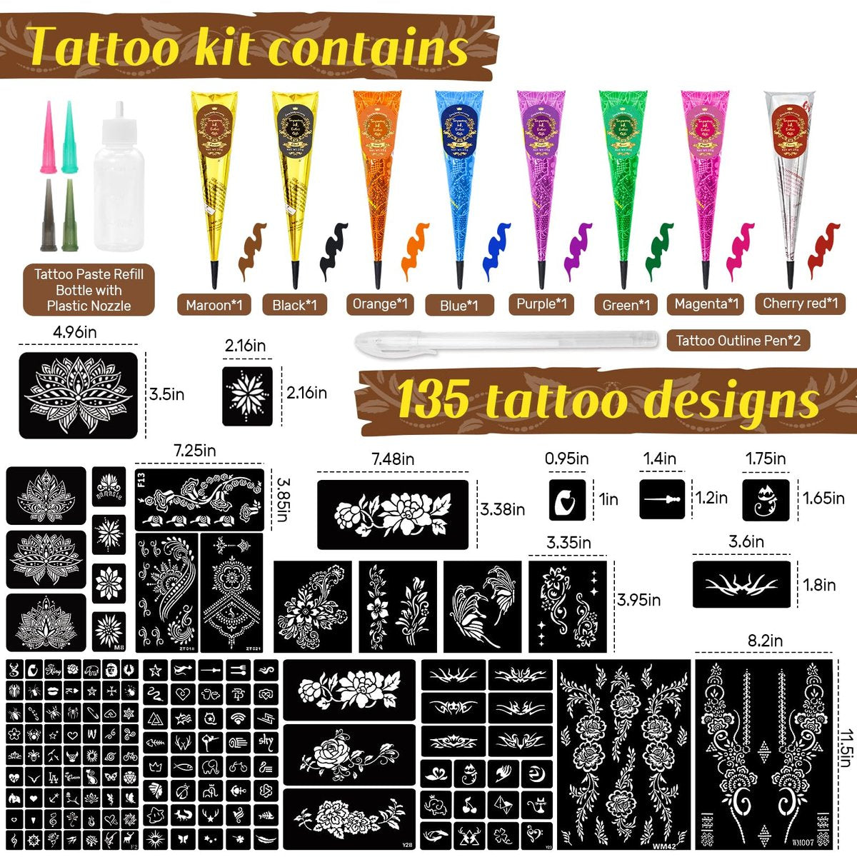 8PCS 8 Colors Tattoo Cones Temporary Tattoos Kit with 2 Draft Practice Pen & 14 Sheet 135 Stencil Designs - DIY Body Painting Art for Beginners & Pros, Tattoo Gifts Set for Valentine Party Holiday Avelisse