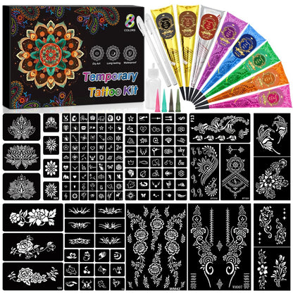 8PCS 8 Colors Tattoo Cones Temporary Tattoos Kit with 2 Draft Practice Pen & 14 Sheet 135 Stencil Designs - DIY Body Painting Art for Beginners & Pros, Tattoo Gifts Set for Valentine Party Holiday Avelisse