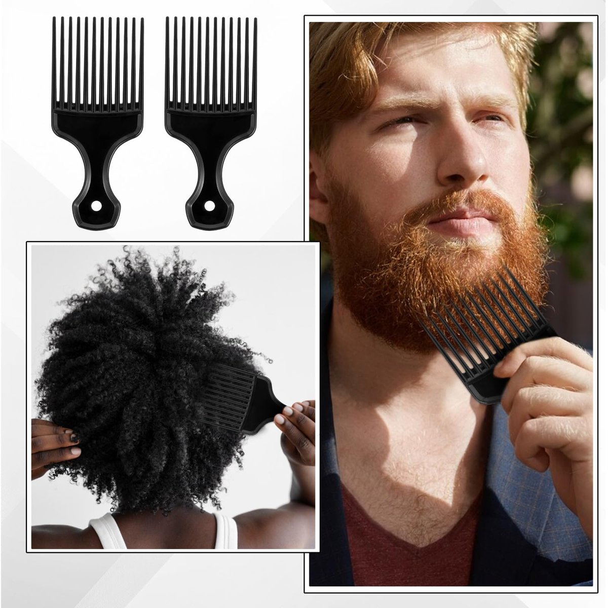 2-Piece Hair Pick Comb Set – Plastic Afro Pick for Detangling and Lifting, Wide Tooth Design for Men and Women (Black) - görsel 13
