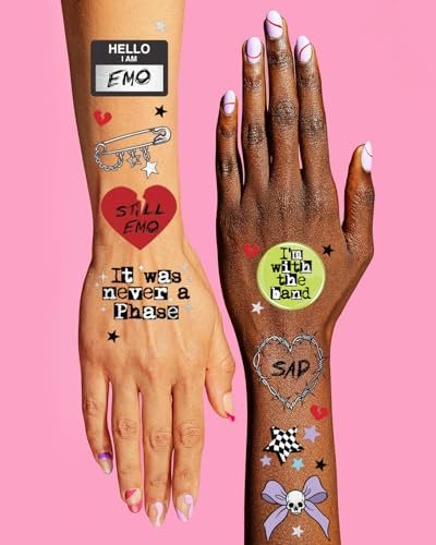 xo, Fetti Emo Temporary Tattoos - 54 Styles for Goth, Punk, Grunge Aesthetic | Birthday Party Favors & Concert Supplies