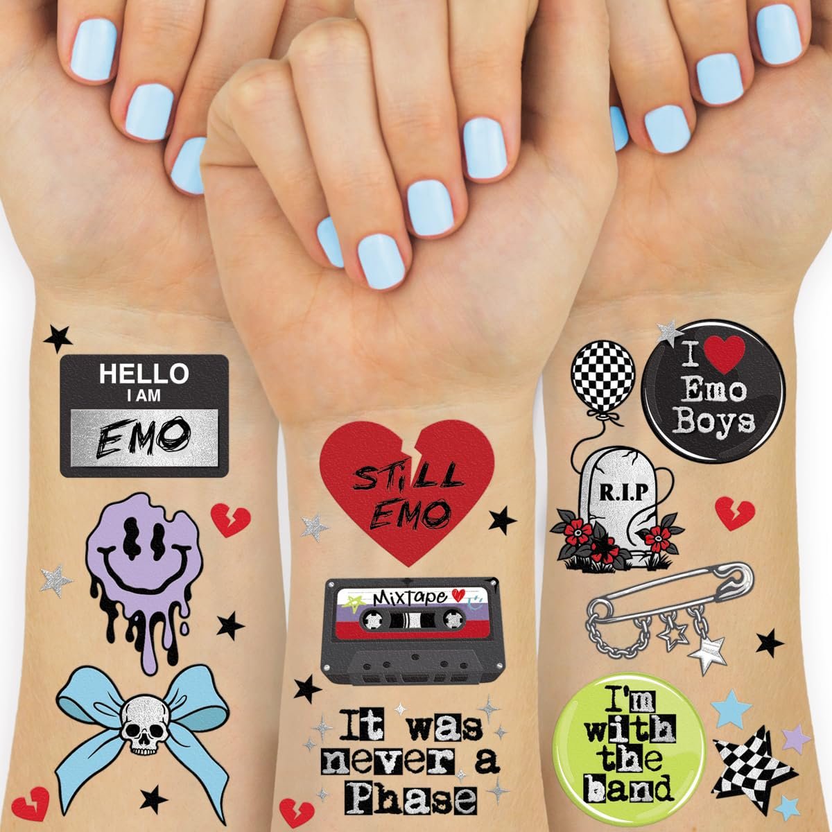 xo, Fetti Emo Temporary Tattoos - 54 Styles for Goth, Punk, Grunge Aesthetic | Birthday Party Favors & Concert Supplies - görsel 1