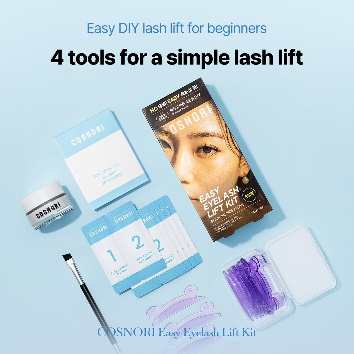 COSNORI Easy Eyelash Lift Kit - DIY Lash Lift Kit – Korean Eyelash Perm with No Glue Rods, 5 Applications, Long-Lasting Curl, Easy At-Home Curling Solution Avelisse