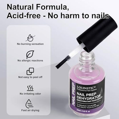 LOUINSTIC Nail Prep Dehydrator and Acid-Free Primer, Quick-Dry & Safe for Nails, for UV Gel, Acrylic, Gel Nail Polish & Press-On Nails Hema-Free – Professional Salon & DIY Manicure Kit, 15ml