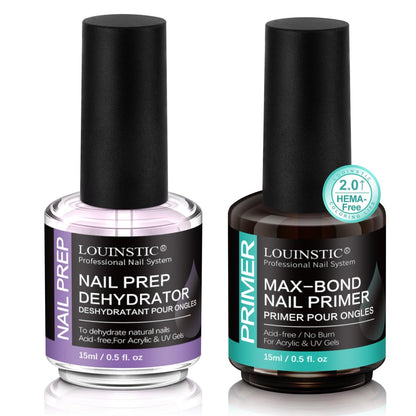 LOUINSTIC Nail Prep Dehydrator and Acid-Free Primer, Quick-Dry & Safe for Nails, for UV Gel, Acrylic, Gel Nail Polish & Press-On Nails Hema-Free – Professional Salon & DIY Manicure Kit, 15ml