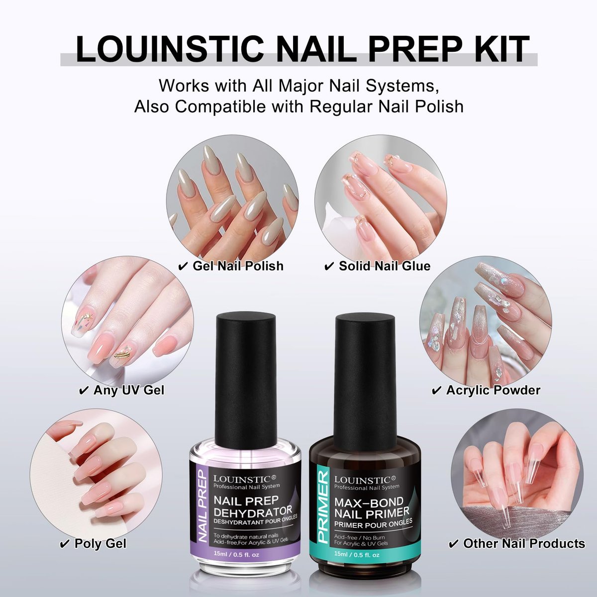 LOUINSTIC Nail Prep Dehydrator and Acid-Free Primer, Quick-Dry & Safe for Nails, for UV Gel, Acrylic, Gel Nail Polish & Press-On Nails Hema-Free – Professional Salon & DIY Manicure Kit, 15ml - görsel 7