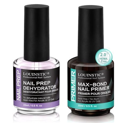LOUINSTIC Nail Prep Dehydrator and Acid-Free Primer, Quick-Dry & Safe for Nails, for UV Gel, Acrylic, Gel Nail Polish & Press-On Nails Hema-Free – Professional Salon & DIY Manicure Kit, 15ml