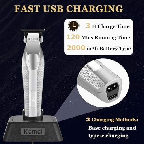 KEMEI 3023-702 Professional Hair & Beard Trimmer for Men - 9000 RPM Zero Gapped Full Metal Body Clipper with LED Display Avelisse