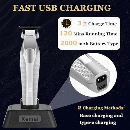 KEMEI 3023-702 Professional Hair & Beard Trimmer for Men - 9000 RPM Zero Gapped Full Metal Body Clipper with LED Display Avelisse