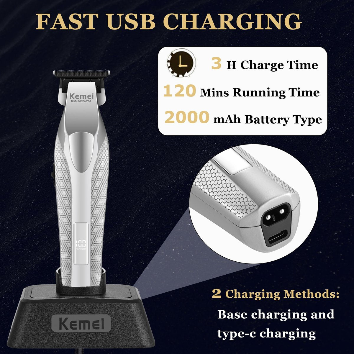 KEMEI 3023-702 Professional Hair & Beard Trimmer for Men - 9000 RPM Zero Gapped Full Metal Body Clipper with LED Display Avelisse