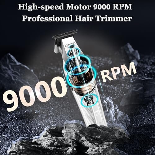 KEMEI 3023-702 Professional Hair & Beard Trimmer for Men - 9000 RPM Zero Gapped Full Metal Body Clipper with LED Display Avelisse