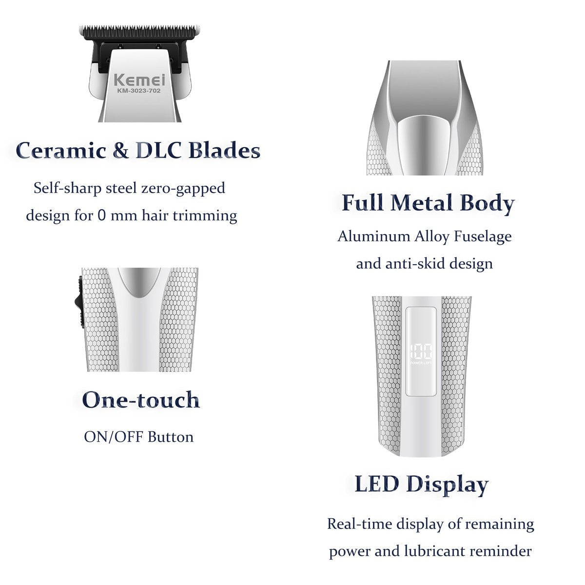 KEMEI 3023-702 Professional Hair & Beard Trimmer for Men - 9000 RPM Zero Gapped Full Metal Body Clipper with LED Display Avelisse