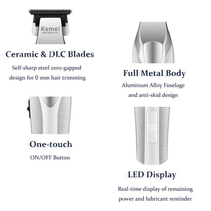 KEMEI 3023-702 Professional Hair & Beard Trimmer for Men - 9000 RPM Zero Gapped Full Metal Body Clipper with LED Display Avelisse