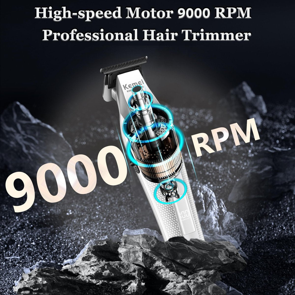 KEMEI 3023-702 Professional Hair & Beard Trimmer for Men - 9000 RPM Zero Gapped Full Metal Body Clipper with LED Display Avelisse