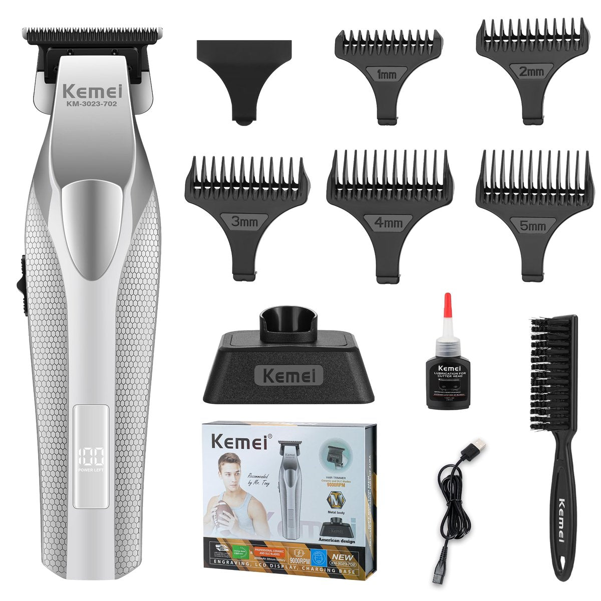 KEMEI 3023-702 Professional Hair & Beard Trimmer for Men - 9000 RPM Zero Gapped Full Metal Body Clipper with LED Display Avelisse