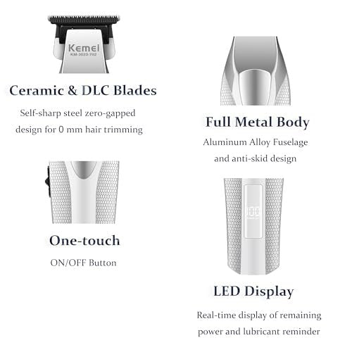 KEMEI 3023-702 Professional Hair & Beard Trimmer for Men - 9000 RPM Zero Gapped Full Metal Body Clipper with LED Display Avelisse