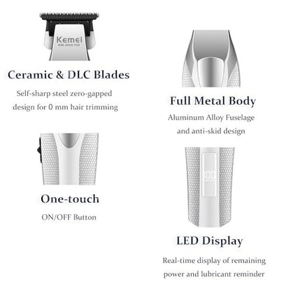 KEMEI 3023-702 Professional Hair & Beard Trimmer for Men - 9000 RPM Zero Gapped Full Metal Body Clipper with LED Display Avelisse