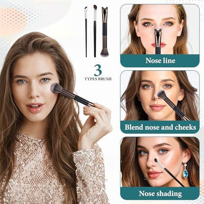 3 Pcs Sculpting Dual-End Nose Brush Set - 2-in-1 Nose Contour Brush Angled Makeup Brushes for Blush, Sculpting and Defining Contour