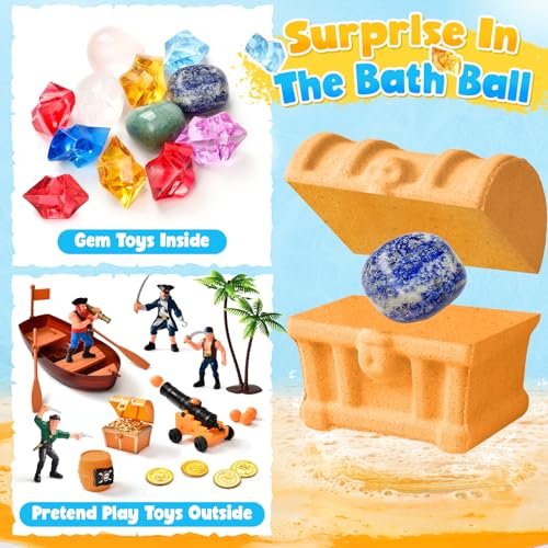 Toylink Bath Bombs for Kids with Diving Gem Toys Inside - 12 Pack Treasure Chest Bath Bombs with Surprise Pirate Accessories Pretend Playset, Handmade Bubble Bath Fizzies Birthday Christmas Gift Set Avelisse