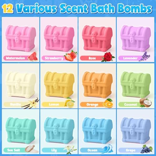 Toylink Bath Bombs for Kids with Diving Gem Toys Inside - 12 Pack Treasure Chest Bath Bombs with Surprise Pirate Accessories Pretend Playset, Handmade Bubble Bath Fizzies Birthday Christmas Gift Set Avelisse