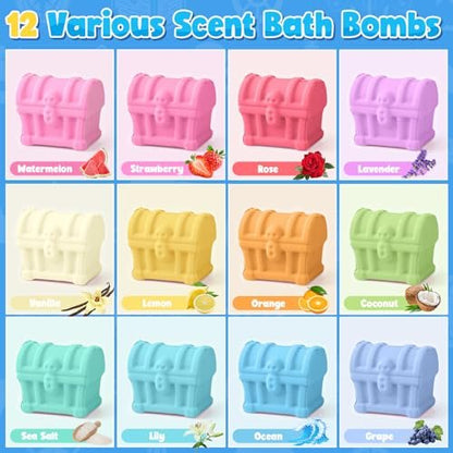 Toylink Bath Bombs for Kids with Diving Gem Toys Inside - 12 Pack Treasure Chest Bath Bombs with Surprise Pirate Accessories Pretend Playset, Handmade Bubble Bath Fizzies Birthday Christmas Gift Set Avelisse
