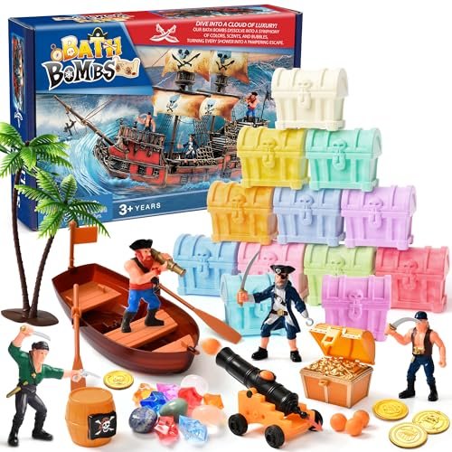 Toylink Bath Bombs for Kids with Diving Gem Toys Inside - 12 Pack Treasure Chest Bath Bombs with Surprise Pirate Accessories Pretend Playset, Handmade Bubble Bath Fizzies Birthday Christmas Gift Set Avelisse