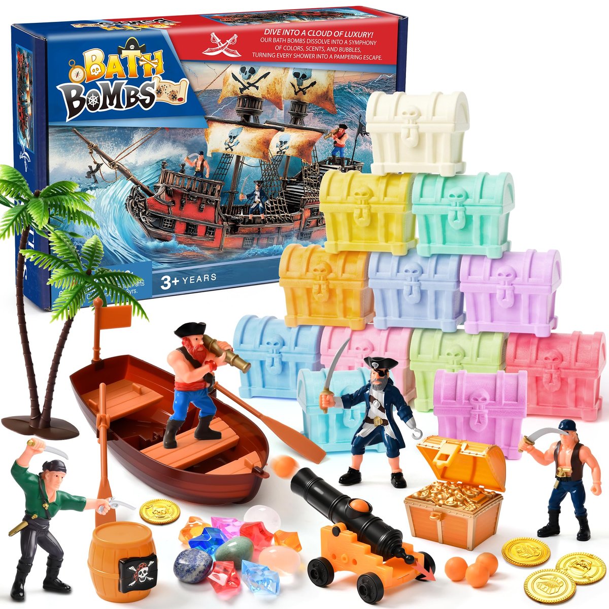 Toylink Bath Bombs for Kids with Diving Gem Toys Inside - 12 Pack Treasure Chest Bath Bombs with Surprise Pirate Accessories Pretend Playset, Handmade Bubble Bath Fizzies Birthday Christmas Gift Set Avelisse